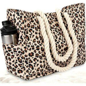 OdyseaCo Animal Leopard Print Magnetic Snap Rope Waterproof Tote Beach Large Bag